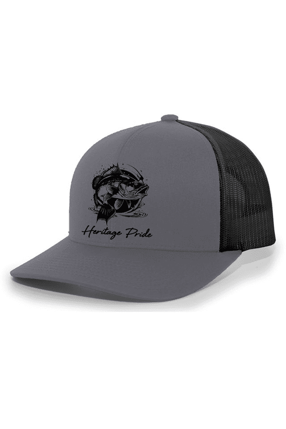 Mens Splashing Bass Fish Embroidered Mesh Back Trucker Hat-Charcoal/Black