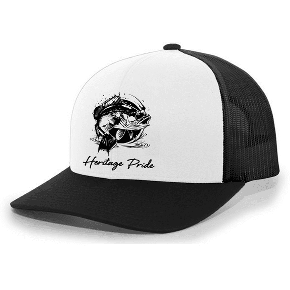 Heritage Pride Mens Splashing Bass Fish Embroidered Mesh Back Trucker Hat-White/Black