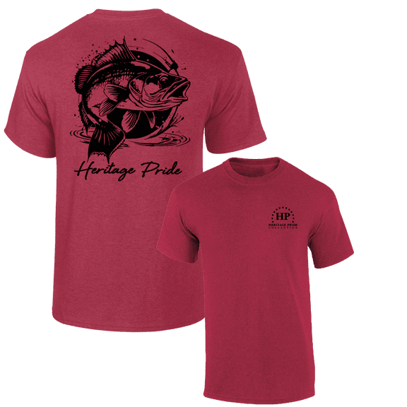 Heritage Pride Mens Splashing Bass Fish Short Sleeve T-Shirt-Antique Cherry-Large