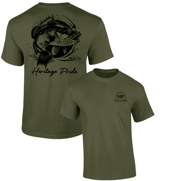 Heritage Pride Mens Splashing Bass Fish Short Sleeve T-Shirt-Military Green-Small