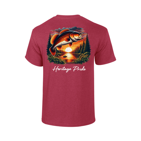 Heritage Pride Mens Tree Fishing Scenery With Bass Fish Short Sleeve T-Shirt-Antique Cherry-3X-Large