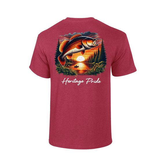 Heritage Pride Mens Tree Fishing Scenery With Bass Fish Short Sleeve T-Shirt-Antique Cherry-Large