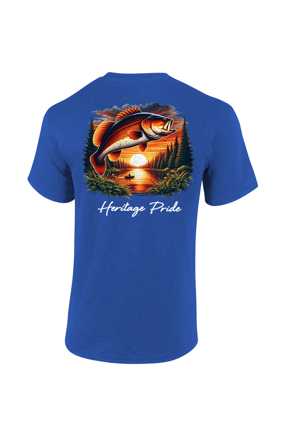 Mens Tree Fishing Scenery With Bass Fish Short Sleeve T-Shirt-Antique Royal-Small