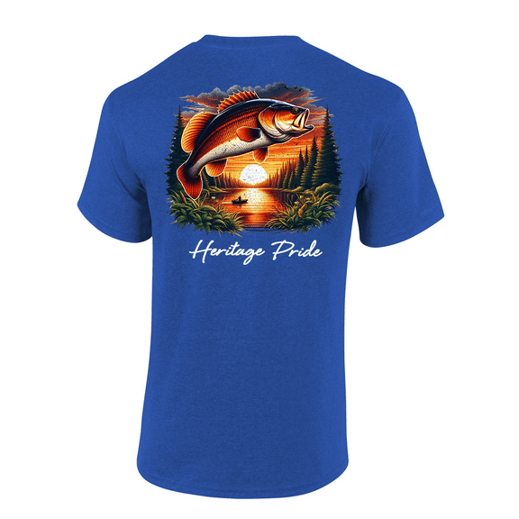 Heritage Pride Mens Tree Fishing Scenery With Bass Fish Short Sleeve T-Shirt-Antique Royal-X-Large