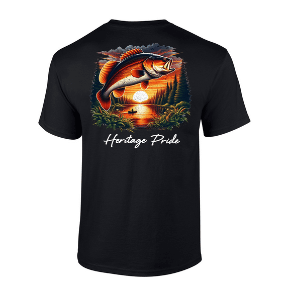 Heritage Pride Mens Tree Fishing Scenery With Bass Fish Short Sleeve T-Shirt-Black-4X-Large