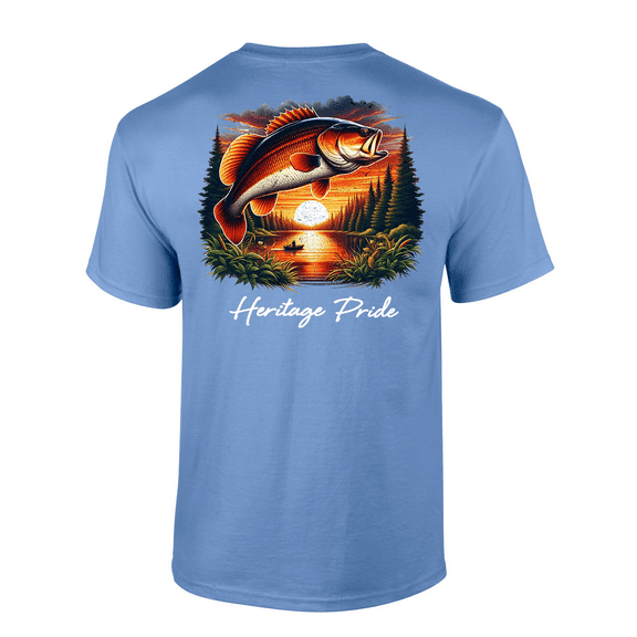Heritage Pride Mens Tree Fishing Scenery With Bass Fish Short Sleeve T-Shirt-Carolina Blue-Medium