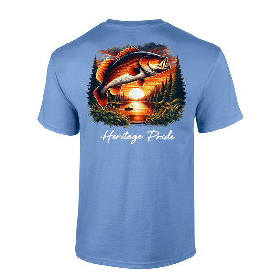 Heritage Pride Mens Tree Fishing Scenery With Bass Fish Short Sleeve T-Shirt-Carolina Blue-X-Large
