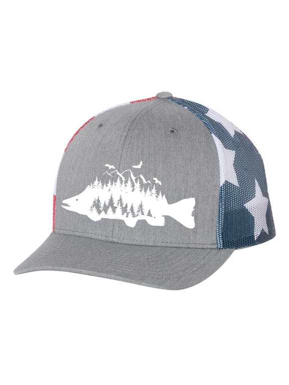 Mens Trout Fishing Hat Embroidered Fish Mountain Forest Tamarack Mens Mesh Back Trucker Hat Baseball Cap-Heather Grey/American Flag