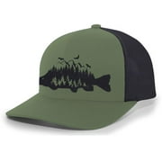 Heritage Pride Mens Trout Fishing Hat Embroidered Fish Mountain Forest Tamarack Mens Mesh Back Trucker Hat Baseball Cap-Loden/Black