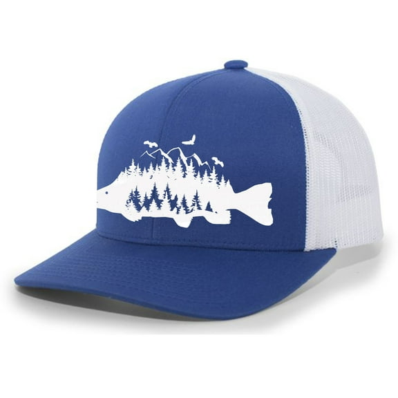 Heritage Pride Mens Trout Fishing Hat Embroidered Fish Mountain Forest Tamarack Mens Mesh Back Trucker Hat Baseball Cap-Royal/White