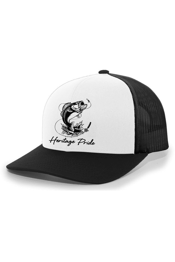 Mens Trout Fishing Line Embroidered Mesh Back Trucker Hat-White/Black