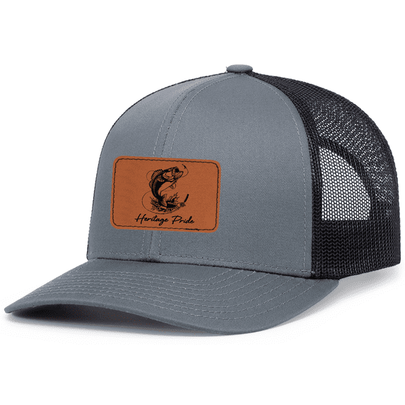 Heritage Pride Mens Trout Fishing Line Leather Patch Mesh Back Trucker Hat-Charcoal/Black