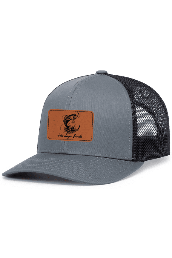 Mens Trout Fishing Line Leather Patch Mesh Back Trucker Hat-Charcoal/Black