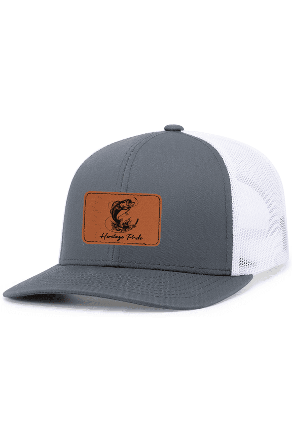 Mens Trout Fishing Line Leather Patch Mesh Back Trucker Hat-Charcoal/White