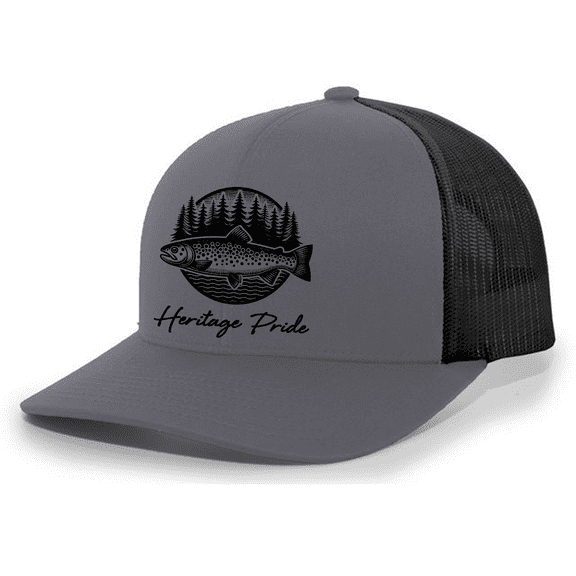Heritage Pride Mens Trout Fishing Tree Circle Embroidered Mesh Back Trucker Hat-Charcoal/Black