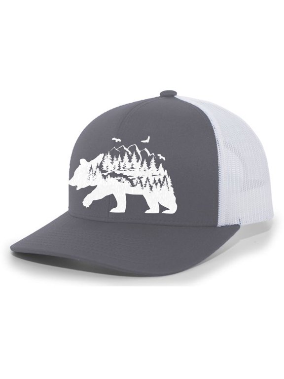 Mens Trucker Hat Embroidered Mountain Bear Outdoor Hat Baseball Cap-Charcoal/White