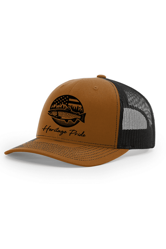 Mens USA Trout Fishing Circle Embroidered Mesh Back Trucker Hat-Caramel/Black