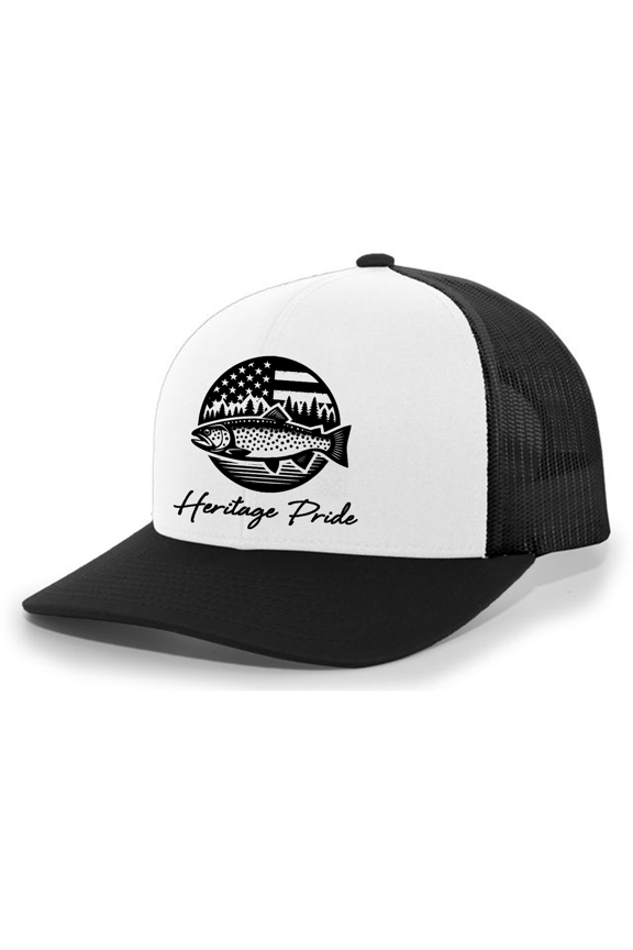Mens USA Trout Fishing Circle Embroidered Mesh Back Trucker Hat-White/Black