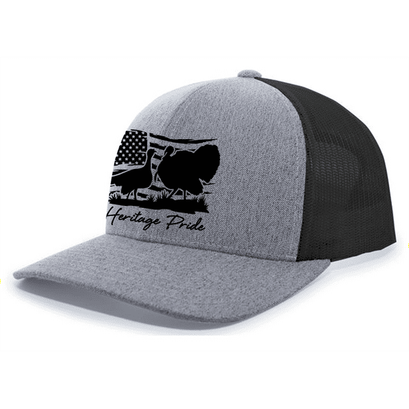 Heritage Pride Ocellated And Wild Turkey Distressed American Flag Mens Embroidered Mesh Back Trucker Hat, Heather Grey/Black