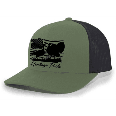 Heritage Pride Ocellated And Wild Turkey Distressed American Flag Mens Embroidered Mesh Back Trucker Hat, Loden/Black