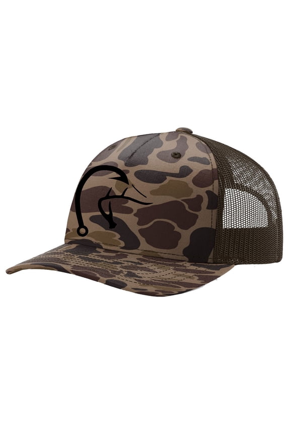 Outdoors Hook Antler Duck Hunting and Fishing Mens Embroidered Mesh Back Trucker Hat, Bark Duck Camo/Brown