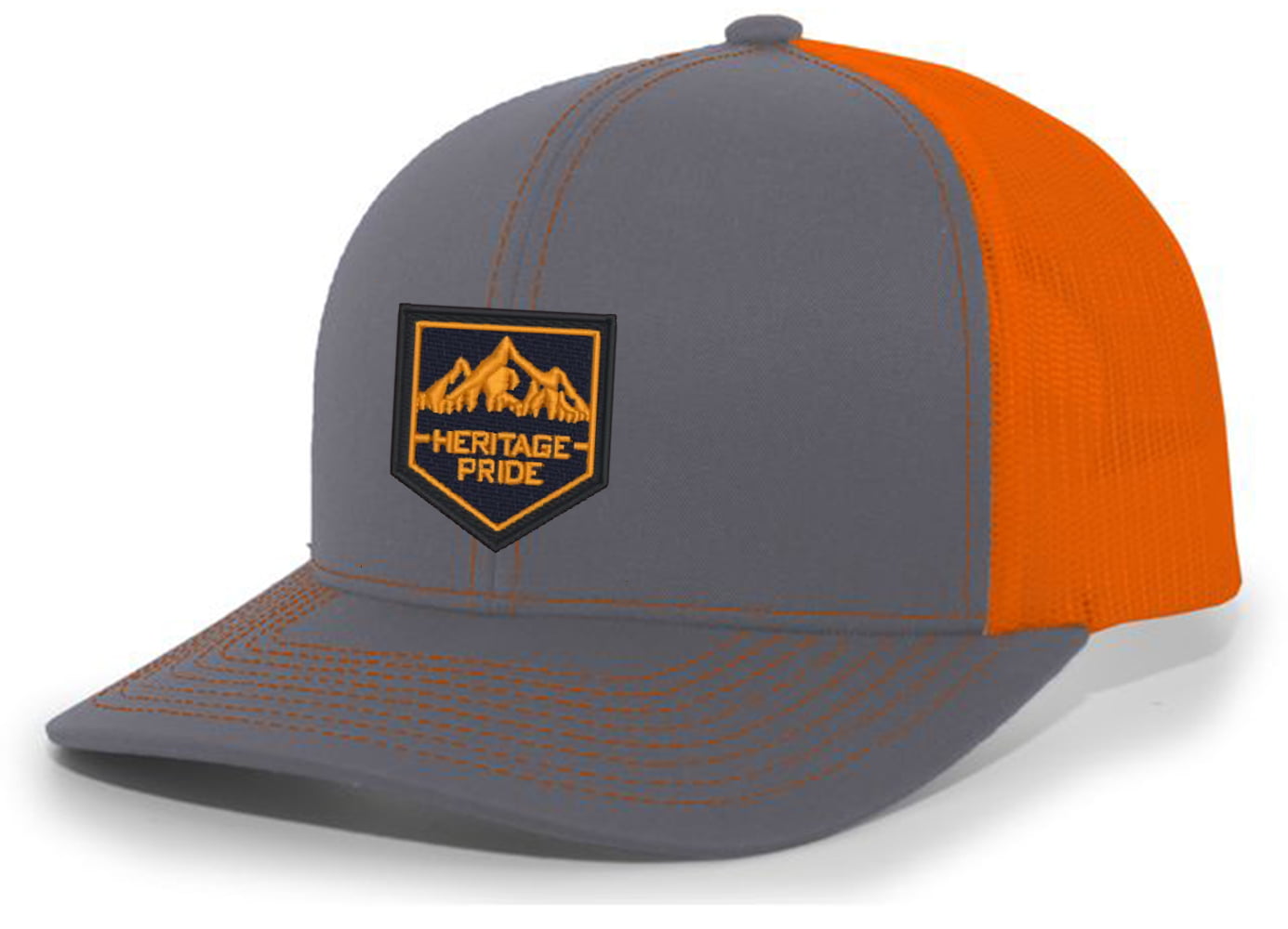 Heritage Pride Outdoors Mountain Embroidered Patch Mens Embroidered Mesh  Back Trucker Hat, Charcoal/Orange 