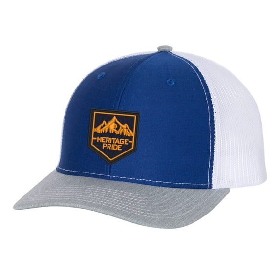 Heritage Pride Outdoors Mountain Embroidered Patch Mens Embroidered Mesh Back Trucker Hat, Royal/Heather/White