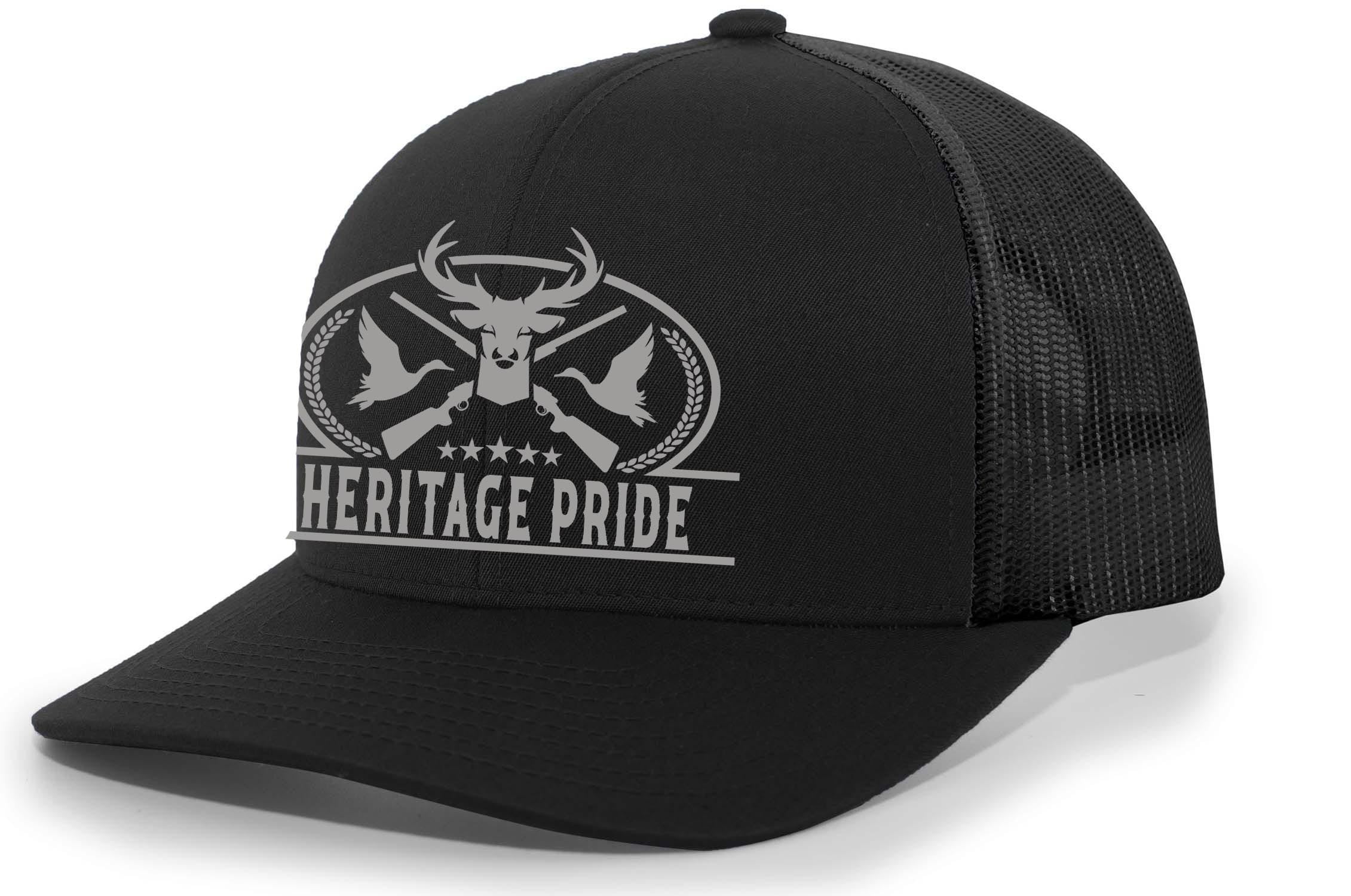 Heritage Pride Pheasant Duck and Deer Hunting Deer Head Mens Embroidered Mesh Back Trucker Hat, Black/Black