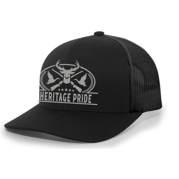 Heritage Pride Pheasant Duck and Deer Hunting Deer Head Mens Embroidered Mesh Back Trucker Hat, Black/Black