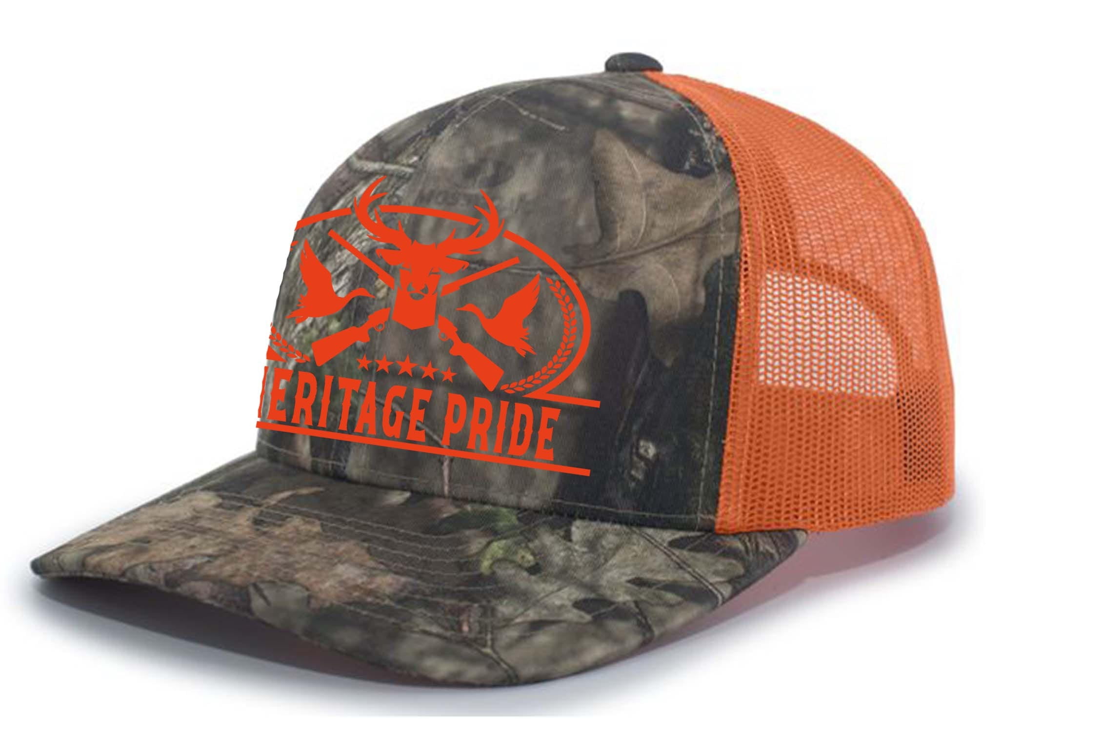 Heritage Pride Pheasant Duck and Deer Hunting Deer Head Mens Embroidered Mesh Back Trucker Hat, Breakup Camo/Orange/Breakup Camo
