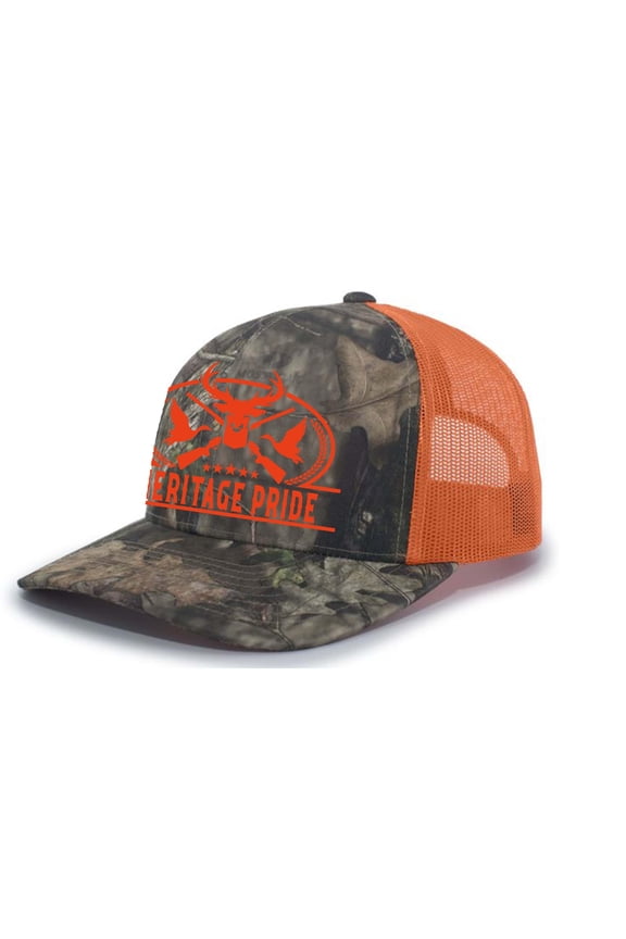 Pheasant Duck and Deer Hunting Deer Head Mens Embroidered Mesh Back Trucker Hat, Breakup Camo/Orange/Breakup Camo