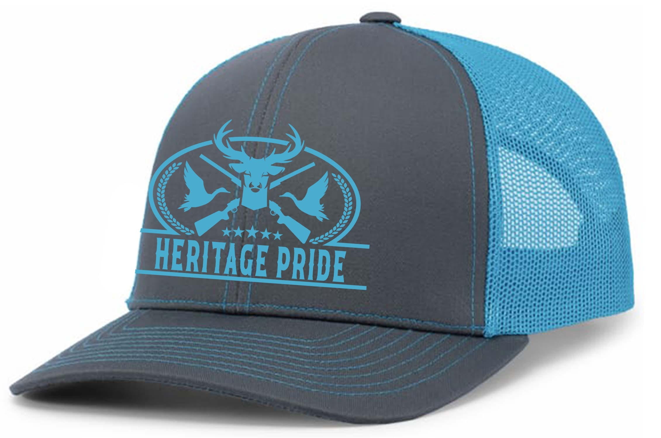 Heritage Pride Pheasant Duck and Deer Hunting Deer Head Mens Embroidered Mesh Back Trucker Hat, Charcoal/Neon Blue