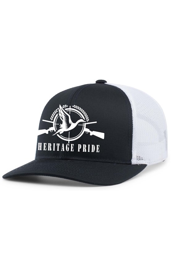 Pheasant in Scope Hunting Wildlife Outdoors Mens Embroidered Mesh Back Trucker Hat, Navy/White