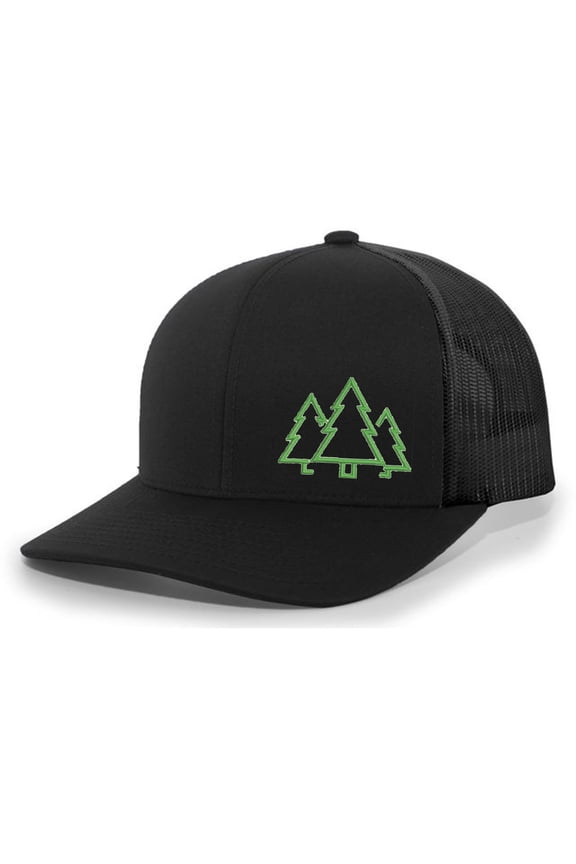 Pine Trees Mens Embroidered Mesh Back Trucker Hat Baseball Cap, Black/Black