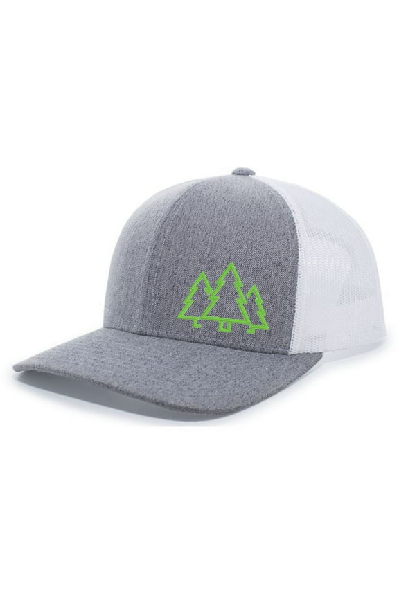 Pine Trees Mens Embroidered Mesh Back Trucker Hat Baseball Cap, Heather Grey/White