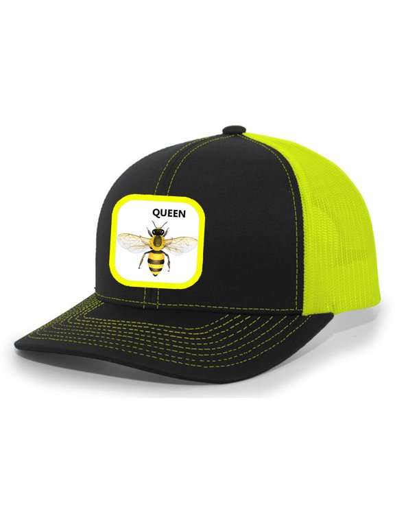 Queen Bee Hat Animal Embroidered Mesh Back Trucker Hat, Black/Neon Yellow