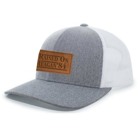 Heritage Pride Raised On Reagan '84 Reagan Bush Laser Engraved Leather Patch Mesh Back Trucker Hat, Heather Grey/White