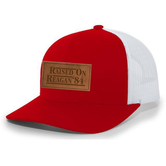 Heritage Pride Raised On Reagan '84 Reagan Bush Laser Engraved Leather Patch Mesh Back Trucker Hat, Red/White