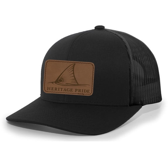Heritage Pride Redfish Fin Laser Engraved Leather Mens Trucker Hat Baseball Cap, Black/Black