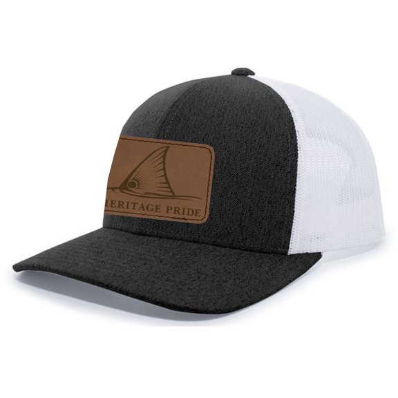 Heritage Pride Redfish Fin Laser Engraved Leather Mens Trucker Hat Baseball Cap, Black Heather/White