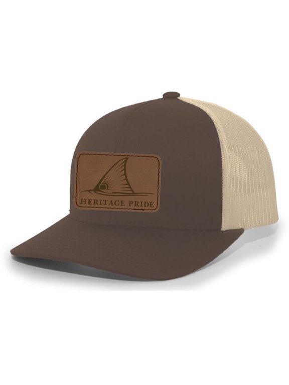 Redfish Fin Laser Engraved Leather Mens Trucker Hat Baseball Cap, Brown/Khaki