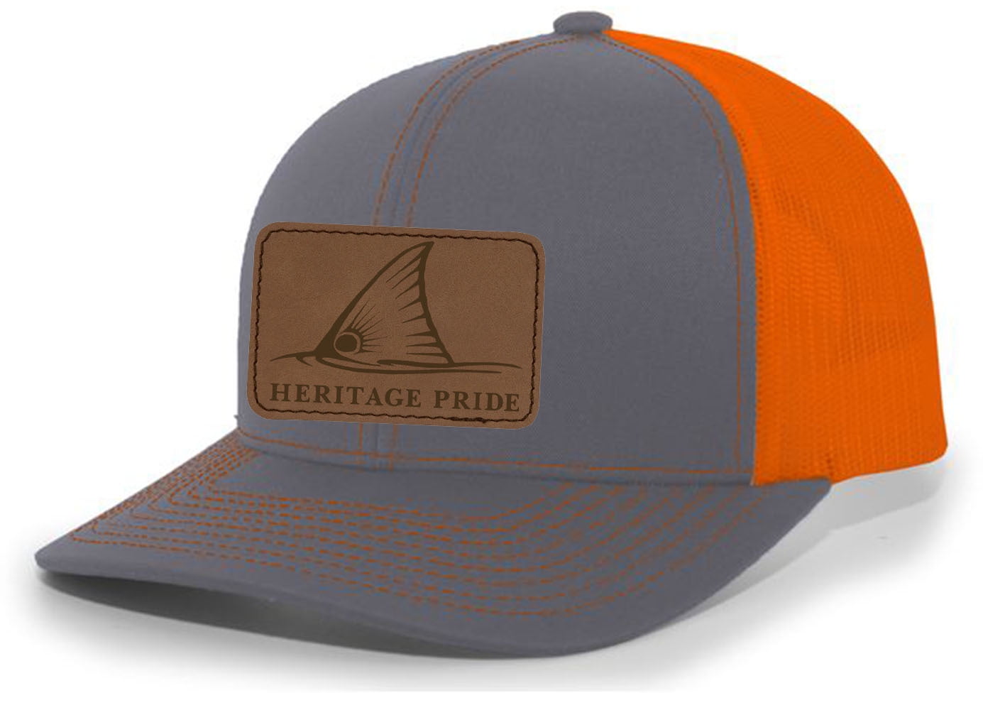 Heritage Pride Redfish Fin Laser Engraved Leather Trucker Hat - Adjustable Mesh Back Cap (Heather Grey) - View #6