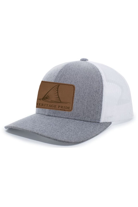 Redfish Fin Laser Engraved Leather Mens Trucker Hat Baseball Cap, Heather Grey/White