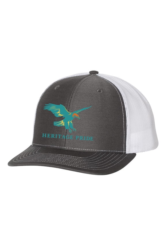 Retro Color Charcoal and White Mens Embroidered Mesh Back Trucker Hat, Eagle