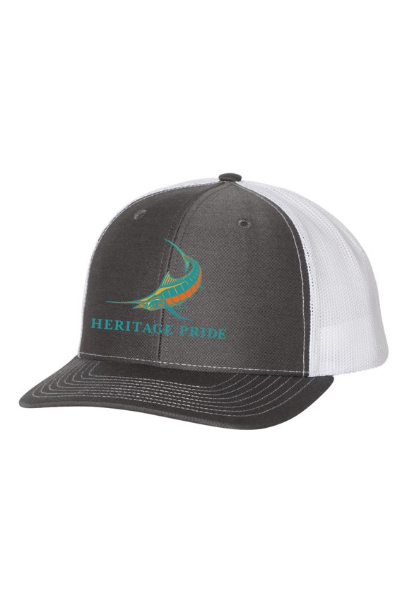 Retro Color Charcoal and White Mens Embroidered Mesh Back Trucker Hat, Marlin