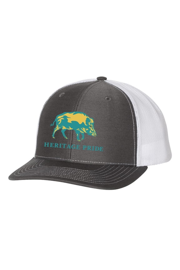 Retro Color Charcoal and White Mens Embroidered Mesh Back Trucker Hat, Wild Hog
