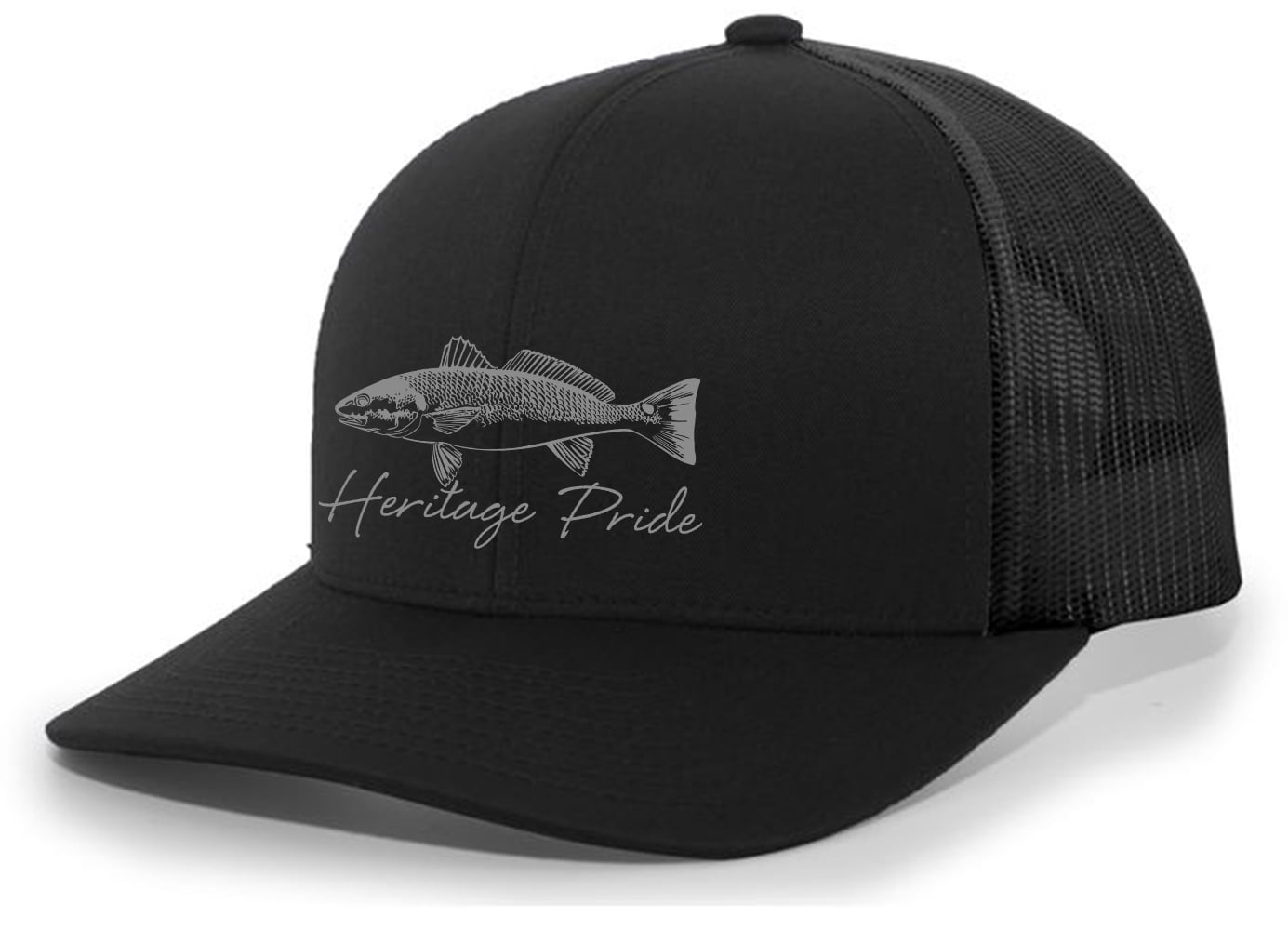 Heritage Pride Saltwater Fish Redfish Deep Sea Fishing Sihouette Script  Mens Embroidered Mesh Back Trucker Hat Baseball Cap, Black/Black