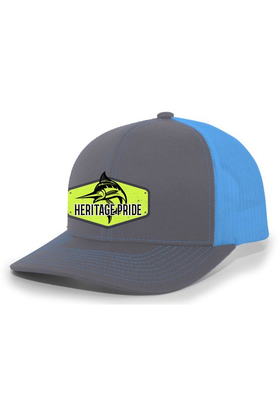 Saltwater Fish Sailfish Deep Sea Fishing Neon Patch Mens Embroidered Mesh Back Trucker Hat Baseball Cap, Charcoal/Neon Blue
