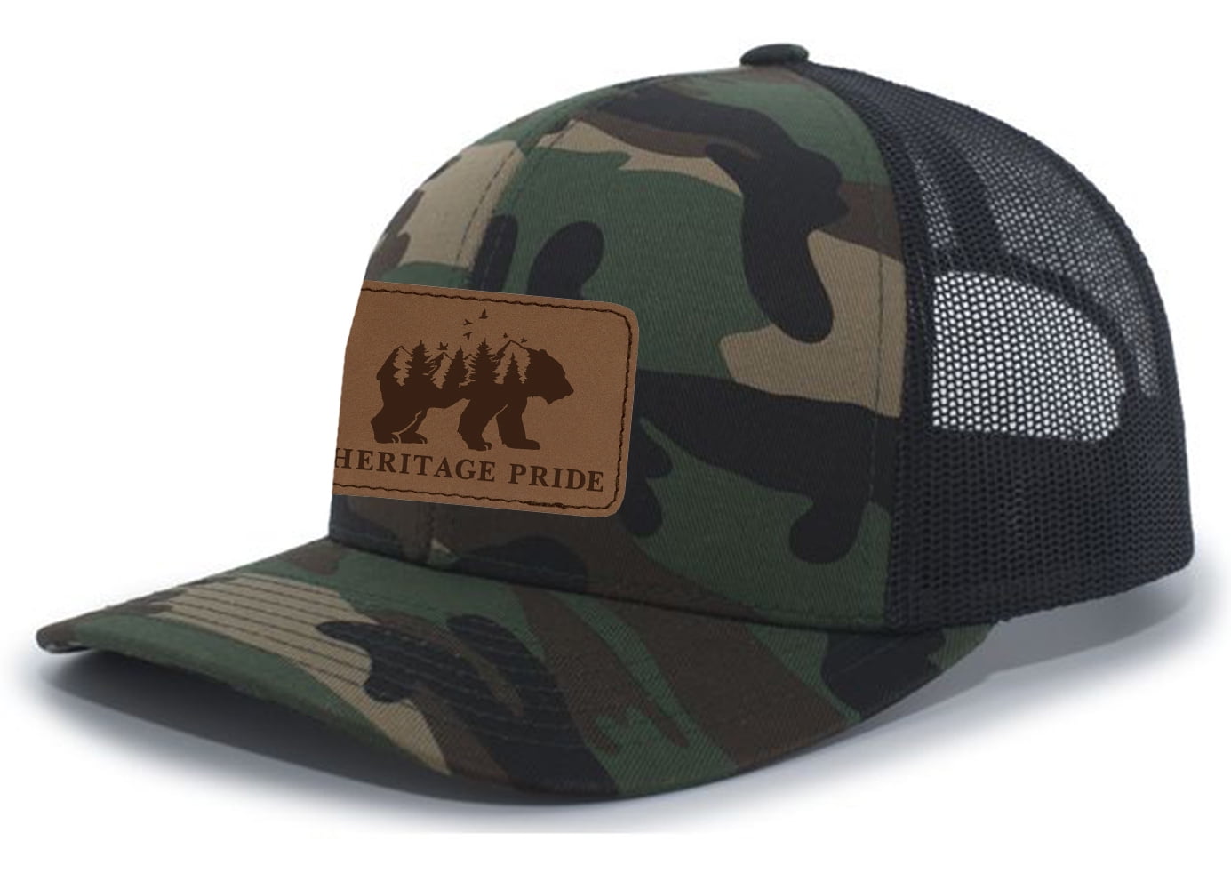 Heritage Pride Scenic Bear Engraved Leather Patch Trucker Hat - Adjustable Mesh Back Snapback For Men