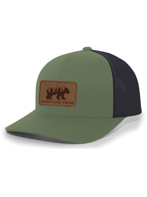 Scenic Bear Engraved Leather Patch Mens Trucker Hat Baseball Cap, Loden/Black